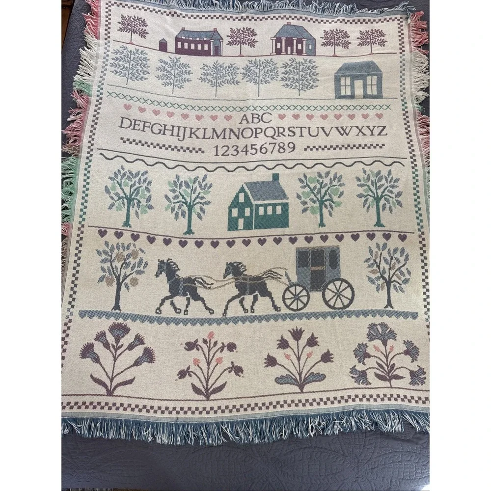 Crown Crafts Throw Blanket Amish Buggy Alphabet Sampler‎ Cottage Core 64x54